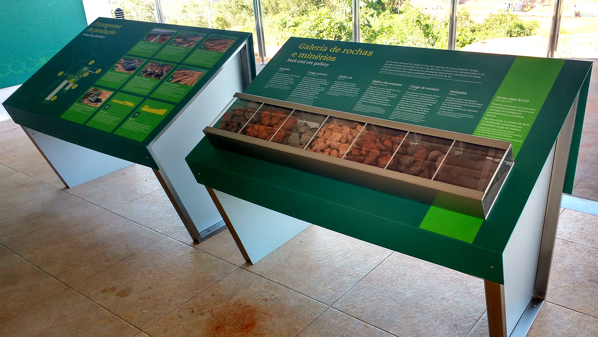 Dois painéis verdes, retangulares, baixos e em diagonal . O painel da esquerda mostra um diagrama do processo de produção, e o painel da direita é a 