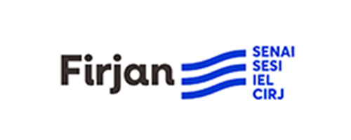 Logo do sistema Firjan. 4 linhas azuis que levam aos nomes SENAI, SESI, IEL e CIRJ.