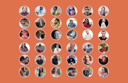Imagem com fundo laranja e dezenas de fotos dos participantes da exposição, com formato de círculo, enfileiradas.