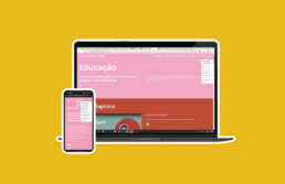 Composição com fundo amarelo e imagem de notebook recortado. Na tela, aparece o site da Exposição Cidade acessível virtual, na página do módulo educação.