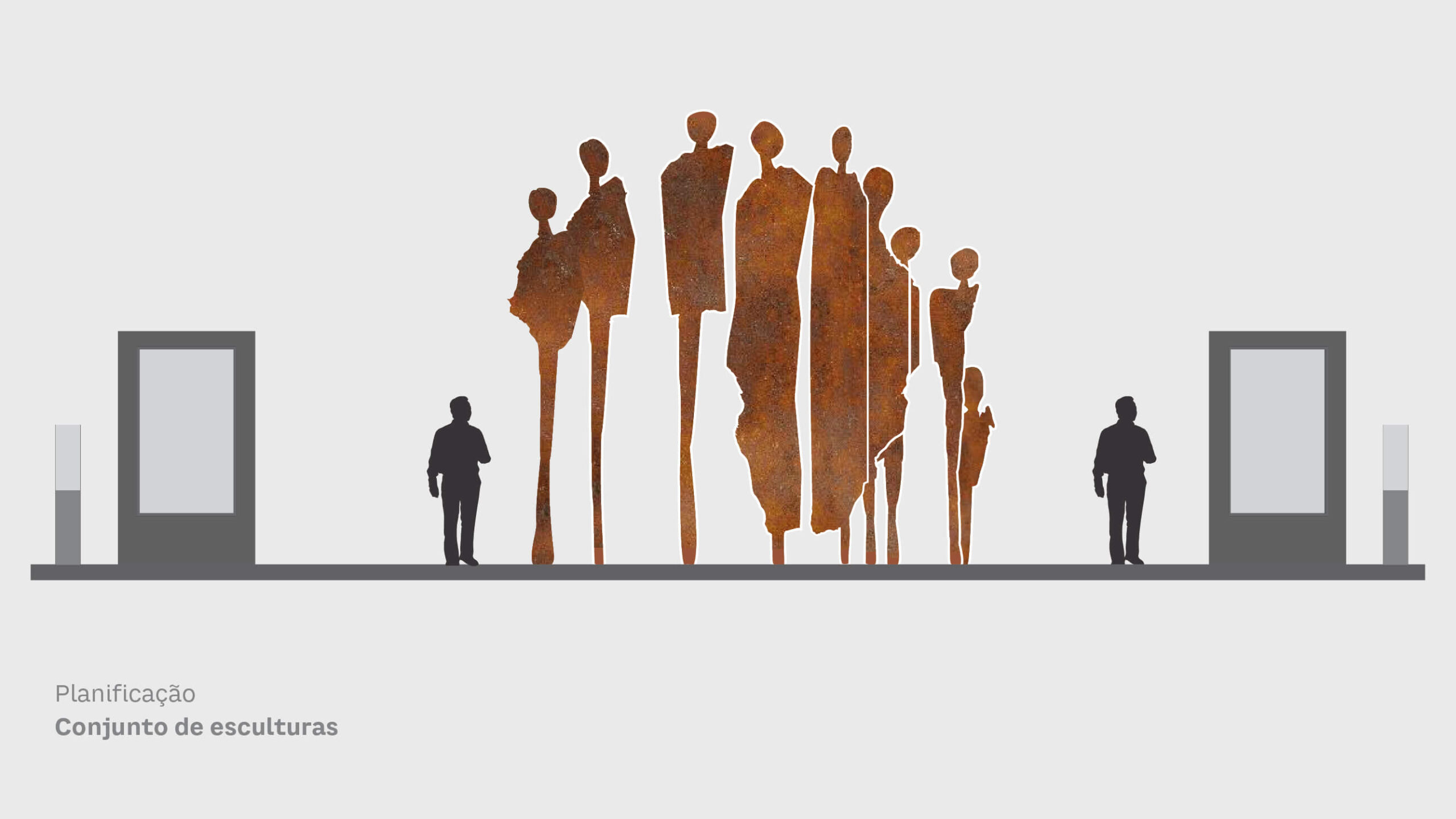 projeto gráfico da instalação artística, figuras humanas verticais, recortadas em chapas metálicas de aço cortem, com coloração avermelhada. As silhuetas representam pessoas negras, dispostas lados a lado em diferentes alturas, formando o mapa da África. Ao redor da escultura, painéis com textos dos módulos da exposição com diferentes cores de fundo.