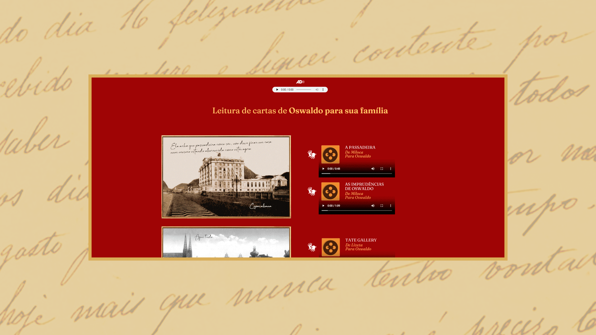 Cor vermelha escuro e leves marcas de escrita, simbolizando uma carta, formam o fundo da imagem. 