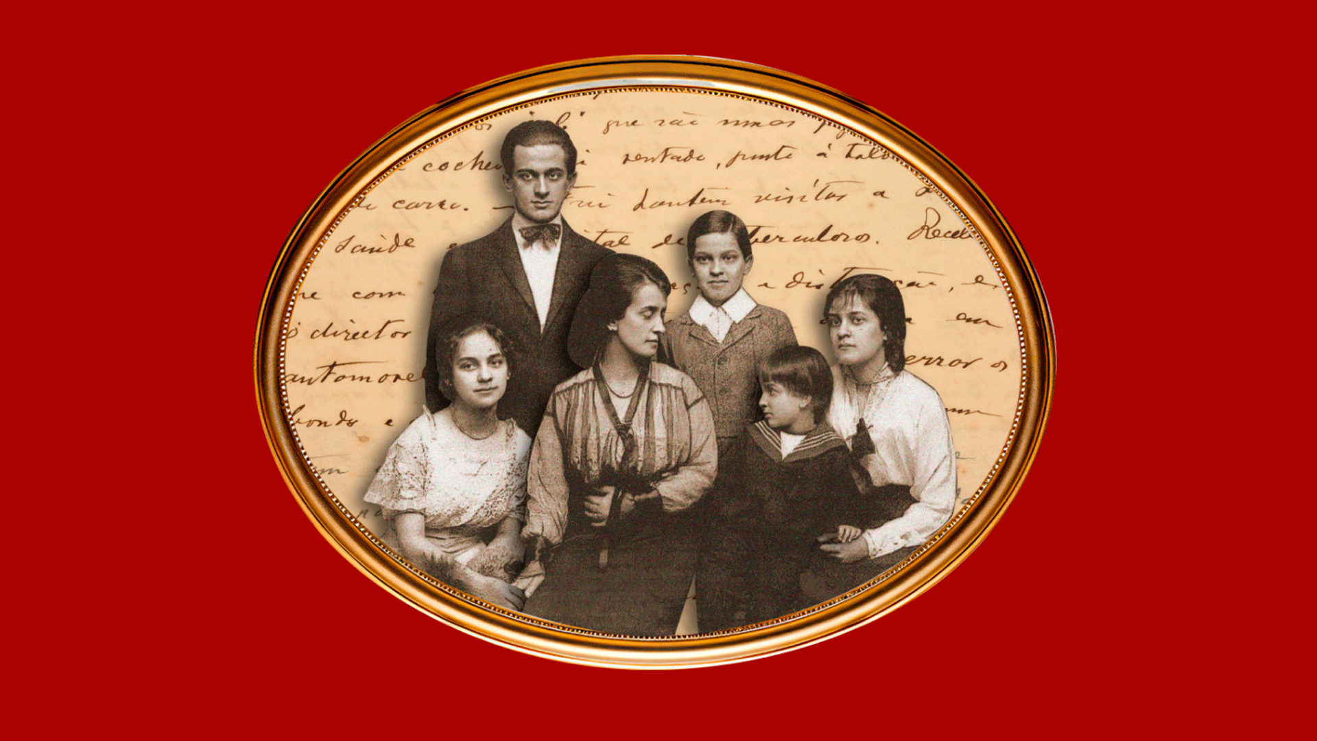 Centralizado na imagem, uma foto da família de Oswaldo Cruz. Da esquerda para direita, sua filha mais nova