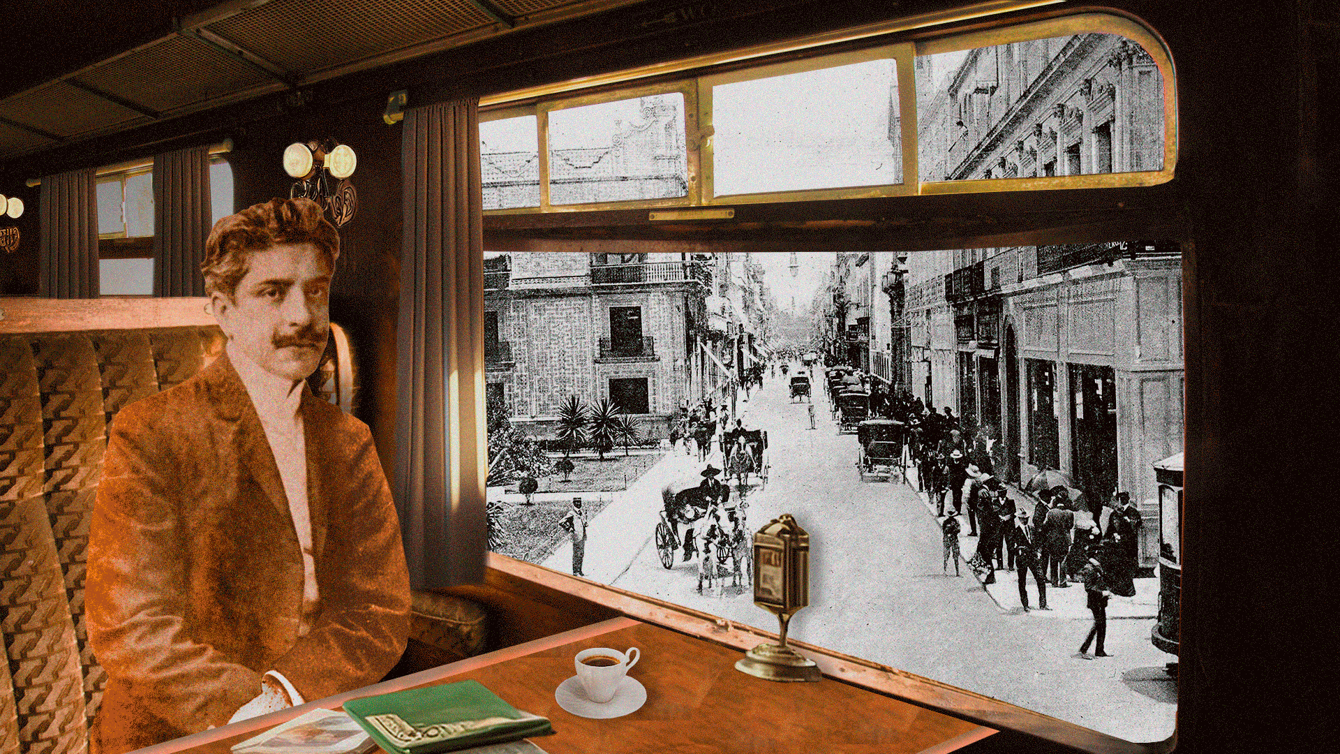 Gif animado com montagem de recortes de imagens que representam uma cena de Oswaldo Cruz em trem, imagens de cidades pelo mundo passam pela janela do trem.